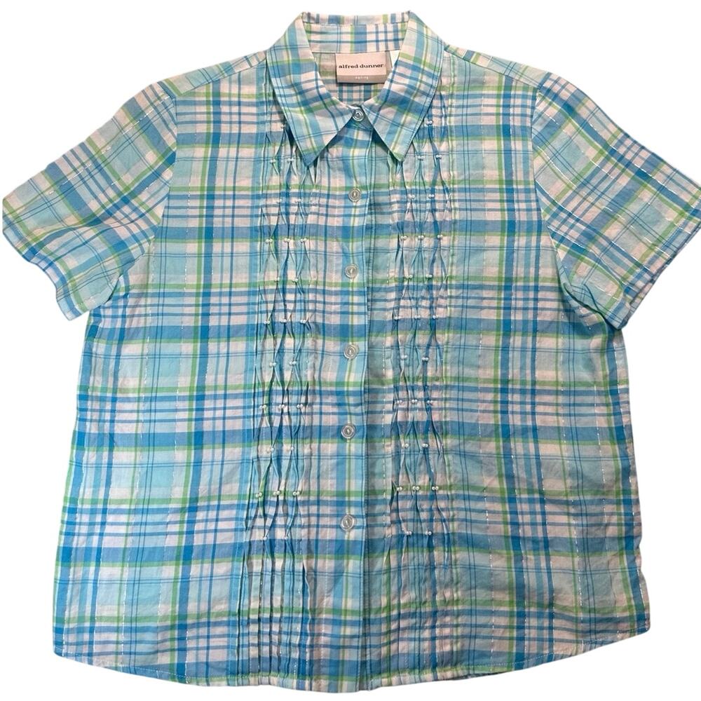 Alfred Dunner paid button shirt short sleeve tiny pearl gathering down front 8P